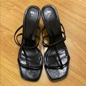 ZARA Black Strappy Square-Toe Heeled Sandals 39W